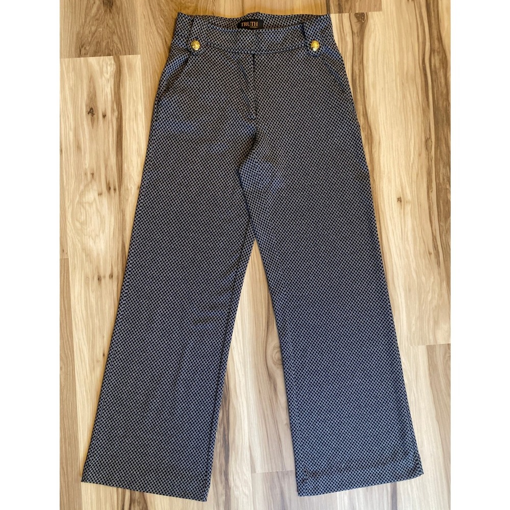Truth by Republic Black Geometric Wide Leg Dress Pants Gold Button Size 2